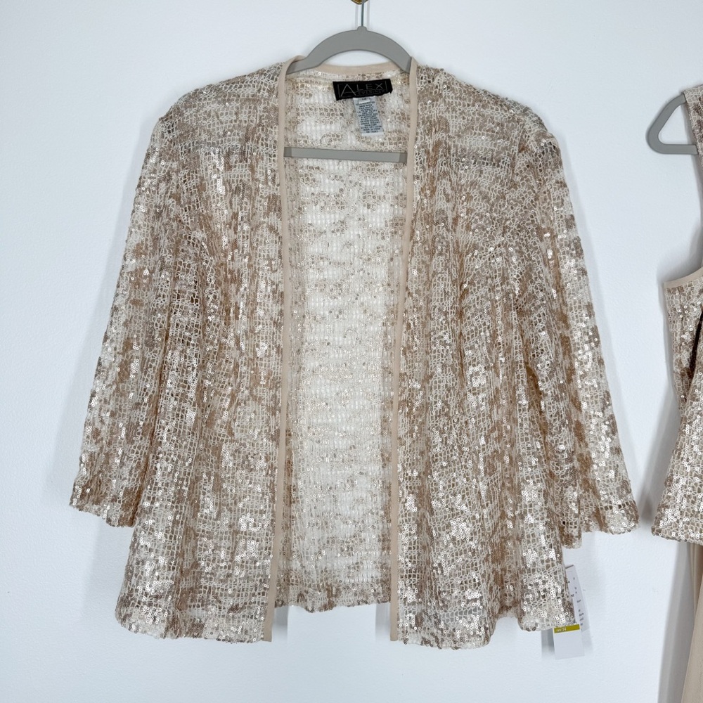 NWT Alex Evenings Champagne Cream Tank Dress w/ Lace Sequin Cardigan Women’s 14 - Picture 9 of 13